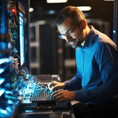 Man on research for programming in server room, Information technology, inspection in data center reading.