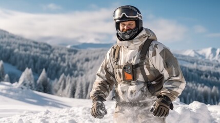 Fototapeta na wymiar Man in goggles with ski on a snowy mountain.