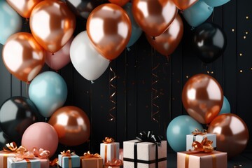 Fototapeta na wymiar Party background with various decorative items and balloons.