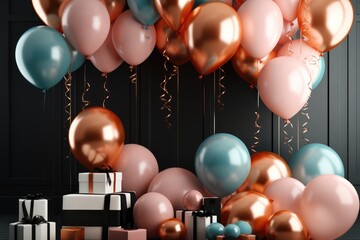 Party background with various decorative items and balloons.