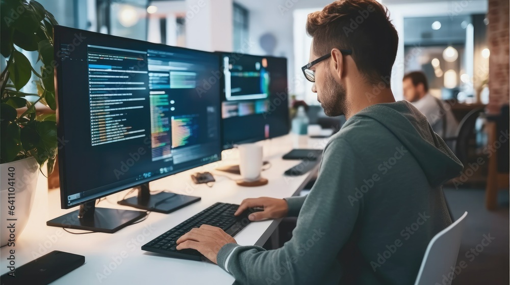 Poster Software developer and a man at computer for coding script or cyber security in office.