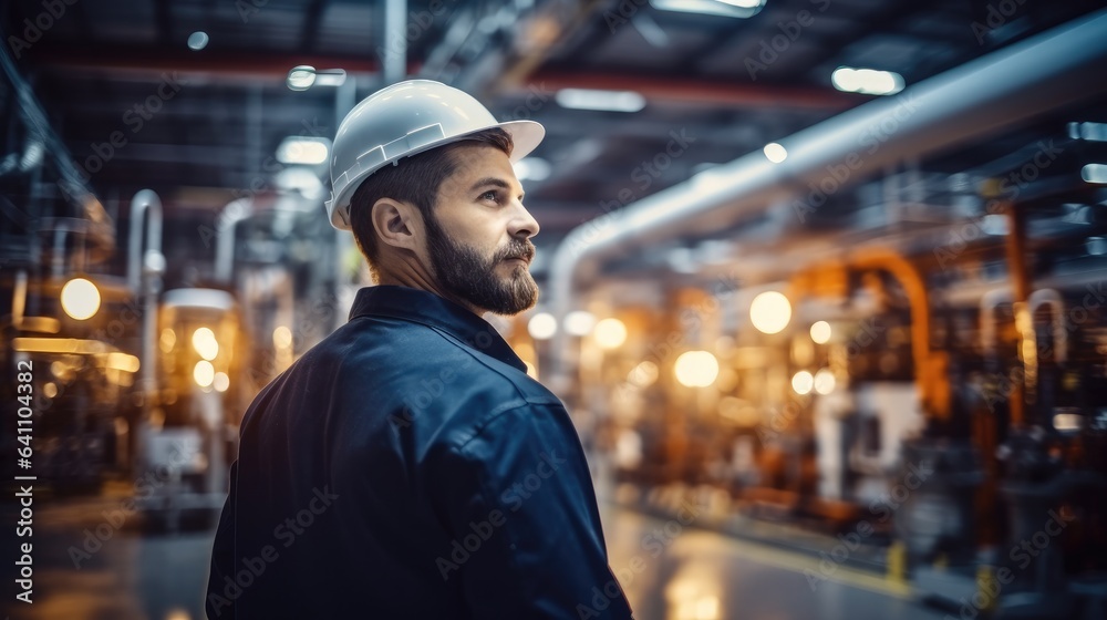 Poster engineer checking machine in a production line of the manufacturing industry.