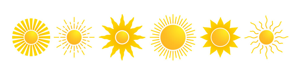 Sun icon collection. Yellow realistic pictogram, trendy summer symbol set