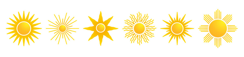 Sun icon collection. Yellow realistic pictogram, trendy summer symbol set