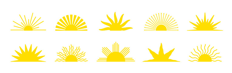 Yellow half sun icon vector set. Sunrise or sunset collection. Solar beams
