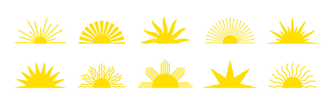 Yellow half sun icon vector set. Sunrise or sunset collection. Solar beams