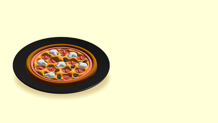 3D Pizza on black plate. Realistic Illustration Isolated On Yellow Background. Front Perspective View