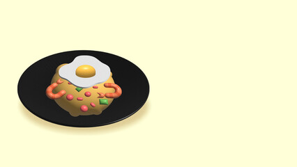 3D Fried rice on black plate. Realistic Illustration Isolated On Yellow Background. Front Perspective View