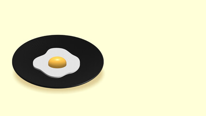 3D Fried egg on black plate. Realistic Illustration Isolated On Yellow Background. Front Perspective View