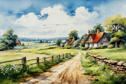 English countryside landscape with cute houses