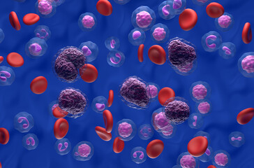 Non-hodgkin lymphoma (NHL) cells in the blood flow - isometric view 3d illustration
