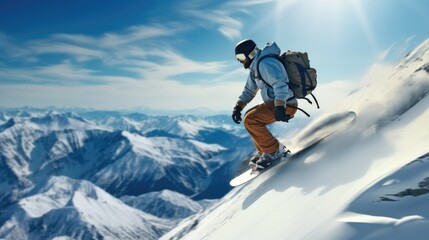 Fototapeta na wymiar Snowboarder jumping through air with deep blue sky in background.