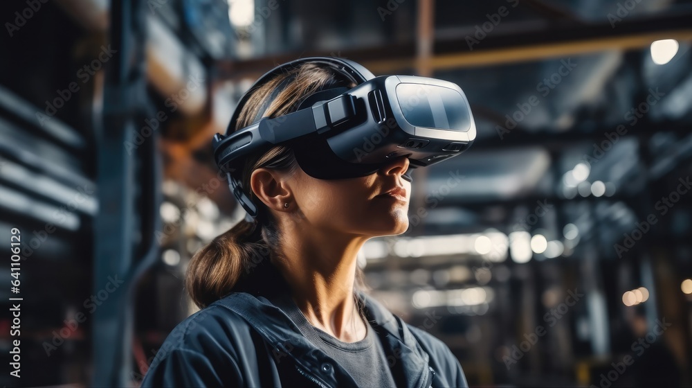 Aufkleber woman engineer using vr headset in industrial factory for futuristic research, digital tech and 3d a