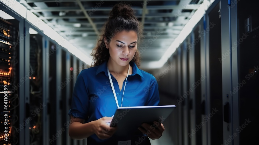 Poster woman on research for programming in server room, information technology, inspection in data center 