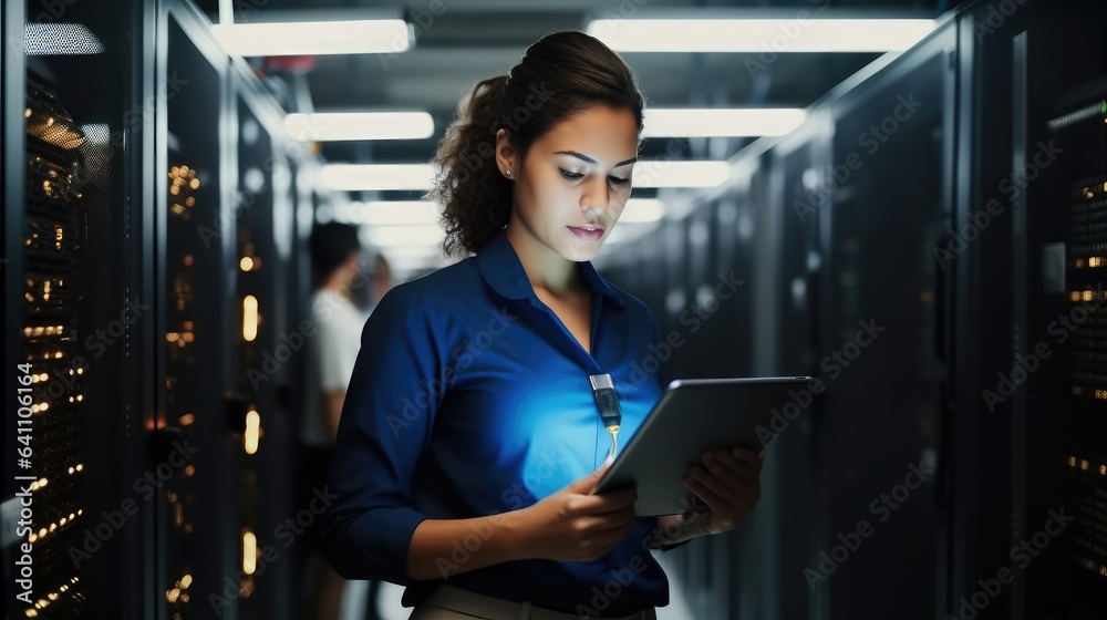 Poster woman on research for programming in server room, information technology, inspection in data center 
