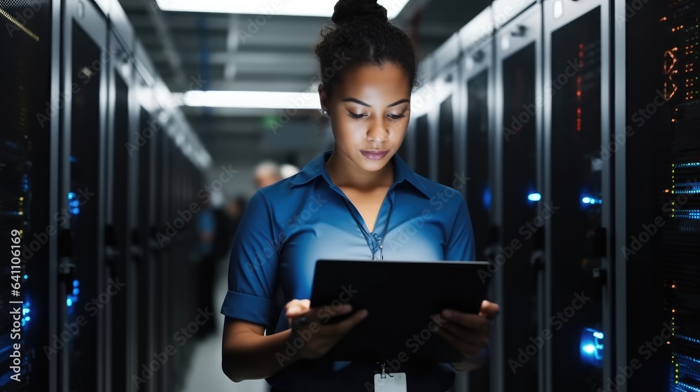 Poster woman on research for programming in server room, information technology, inspection in data center 