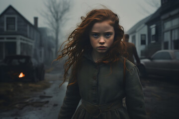portrait of a young ginger haired girl in the street, cinematic photography