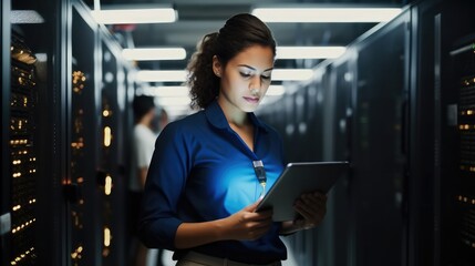 Woman on research for programming in server room, Information technology, inspection in data center reading. - Powered by Adobe