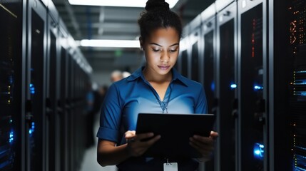 Woman on research for programming in server room, Information technology, inspection in data center reading.