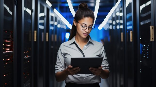 Woman on research for programming in server room, Information technology, inspection in data center reading.
