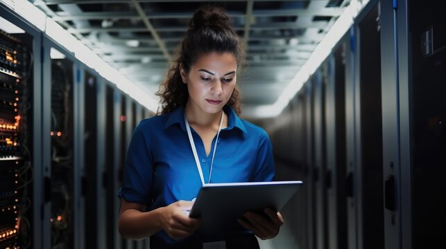Woman on research for programming in server room, Information technology, inspection in data center reading.