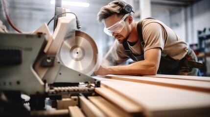 Fototapeta na wymiar Young carpenter cutting plank on a sawing machine.