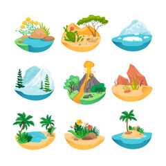 Different climate zones vector illustrations set. Desert, iceberg, river, snow mountain, flowers, island, ocean beach with palms, volcano eruption icons. Nature, travel, wildlife concept - obrazy, fototapety, plakaty