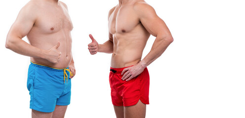 cropped view of men with before obesity after slimming, banner. photo of before obesity