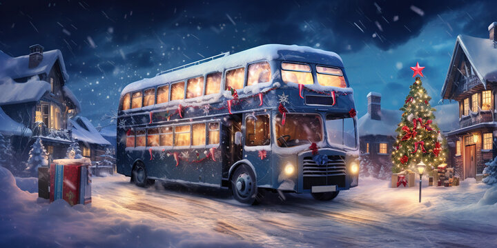 decorated city bus in the snow with a christmas tree in the background