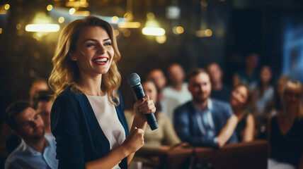 Happy woman giving a speech at conference