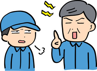作業着で怒っているおじさんと嫌そうな顔の若い男性(上半身)