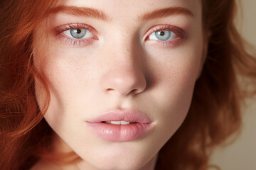 Obraz premium Face of beautiful young woman with red hair, blue eyes and freckles