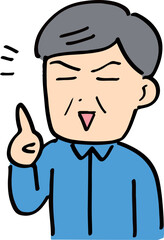 指差しポーズで笑顔で紹介する作業着のおじさん(上半身)