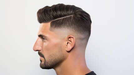 Low fade machine haircut for handsome bearded man on white background. Hair cut with a smooth transition. - obrazy, fototapety, plakaty