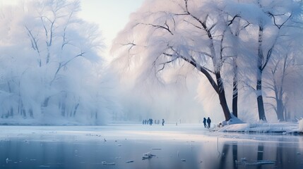 Icy lake scene dotted with skaters