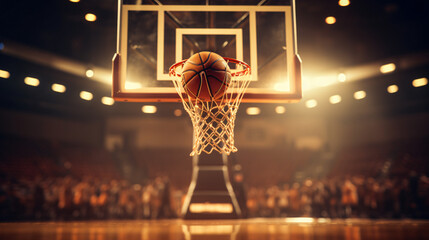 Basketball game ball in hoop