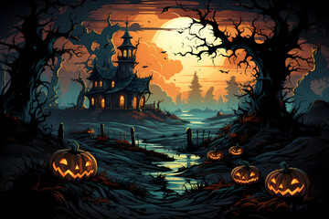 scary spooky halloween season, monster skull and crossbones halloween witch with pumpkin, halloween and October background	