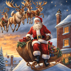 Fototapeta na wymiar Santa Claus on a sleigh, led by reindeer, delivers gifts on a magical Christmas Eve journey, spreading holiday cheer