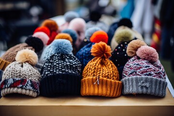 A variety of knitted beanies are spread out, showcasing an array of colors and designs