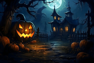 Fototapeta premium scary spooky halloween season, monster skull and crossbones halloween witch with pumpkin, halloween and October background 