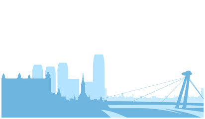 Obraz premium Bratislava city skyline, cityscape of downtown with skyscrapers, SNP bridge and castle, Bratislava panorama, vector