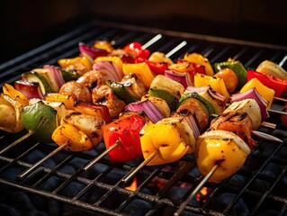 Skewers with Vegetables on a grill, close-up shot