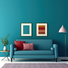 Colorful blue living room with blank picture frame
