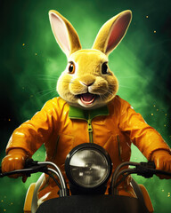 ein Hase mit gelber Jacke auf einem Motorroller, a rabbit with yellow jacket on a scooter
