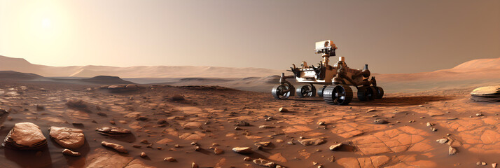 panoramic landscape of surface of planet Mars with rover exploration robot