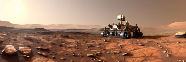 Fototapete Dunkelbraun panoramic landscape of surface of planet Mars with rover exploration robot
