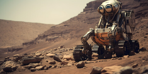 landscape of surface of planet Mars with futuristic rover robot vehicle