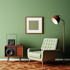 Retro green living room with empty picture frame 
