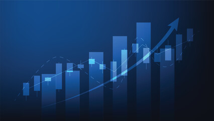 Financial business statistics with bar graph and candlestick chart show stock market price on dark blue background