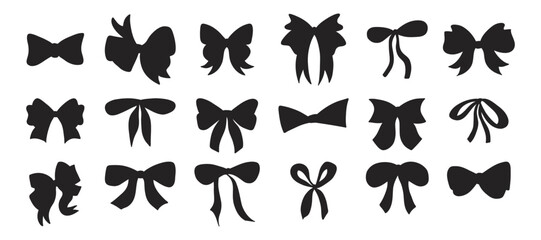 Gift bow set. Black silhouette, birthday and christmas elegant ribbons for presents decoration. Different decor for boxes packaging. Wrapping elements, cards wrap pack vector isolated set